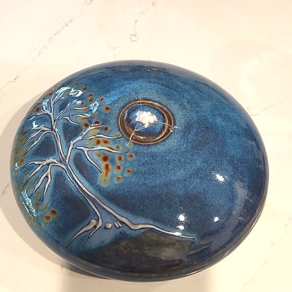 Art Pottery Oil Candle Lamp Raised Tree Design Artist Stamped Handmade